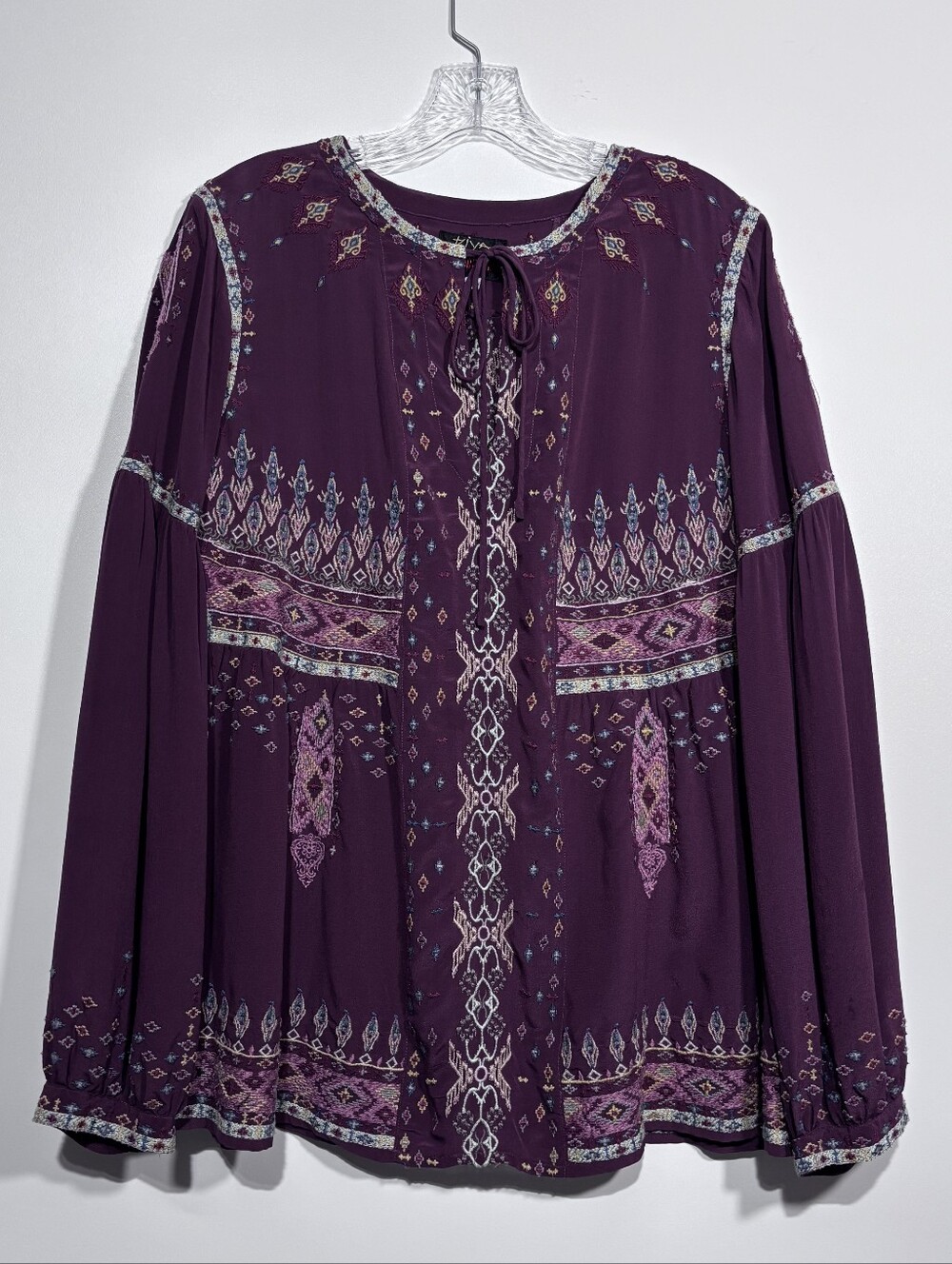 Johnny Was Biya Long Sleeve Embroidered  Silk Blouse Size M in Black Wine